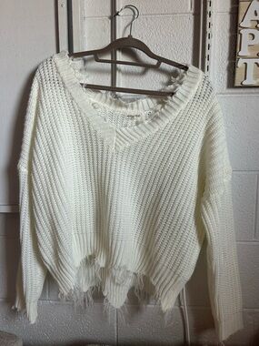 Mainstrip Cream Distressed V-Neck Knit Sweater